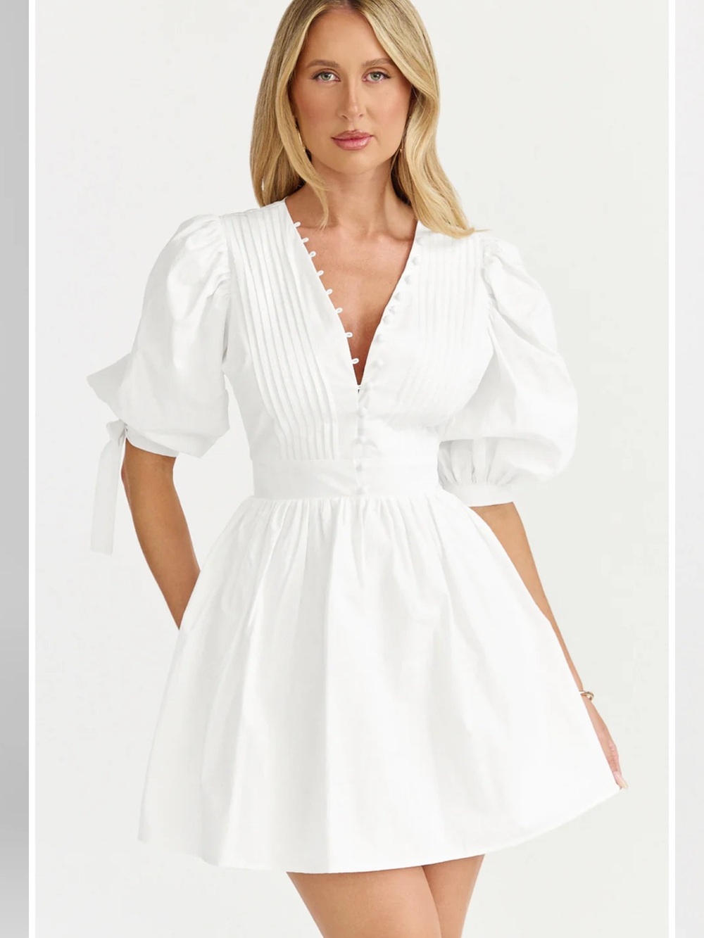 Showpo White Puff Sleeve V-Neck Mini Dress with Pintuck Bodice